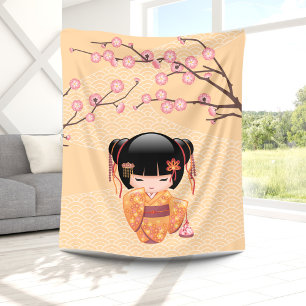 Couverture Polaire Poupée d'Ume Kokeshi - fille de geisha japonaise
