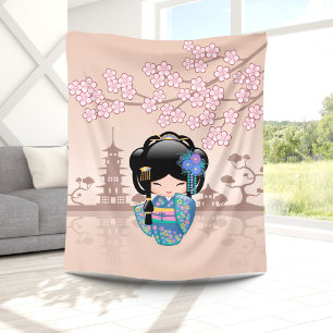 Couverture Polaire Poupée Keiko Kokeshi - Blue Kimono Geisha Girl