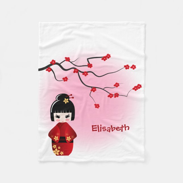 Couverture Polaire Poupée kokeshi japonaise aux fleurs de sakura (Devant)