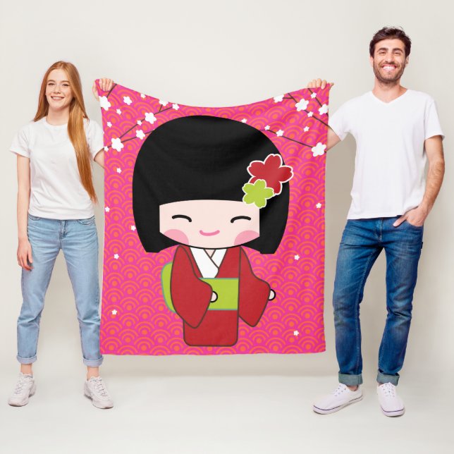 Couverture Polaire Poupée Kokeshi Jeter Blanche (En situation)