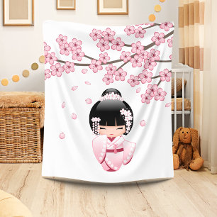 Couverture Polaire Poupée Kokeshi Kawaii Kimono Rose
