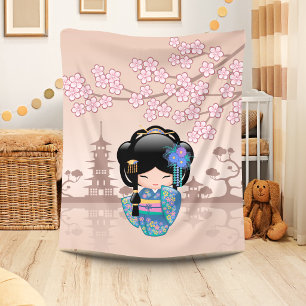 Couverture Polaire Poupée Kokeshi Keiko - Fille Geisha en Kimono Bleu