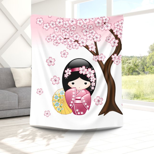 Couverture Polaire Poupée Kokeshi Printemps - Cute Japonaise Geisha G (Créateur téléchargé)