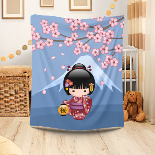 Couverture Polaire Poupée Kokeshi Sakura - Jolie Fille Geisha Japonai