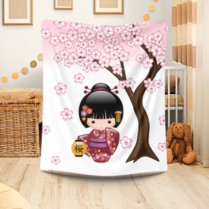 Couverture Polaire Poupée Kokeshi Sakura - Jolie Fille Geisha Japonai