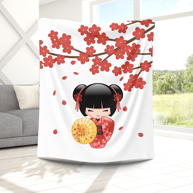 Couverture Polaire Poupée Rouge Sakura Kokeshi - Cute Japonaise Geish (Créateur téléchargé)