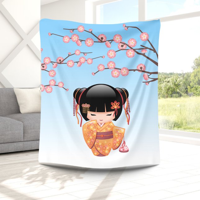 Couverture Polaire Poupée Ume Kokeshi - Japonaise Geisha Girl Blue (Créateur téléchargé)