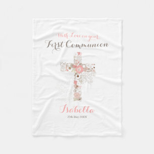 Couverture Polaire Première communion blanc floral nom fleece bla