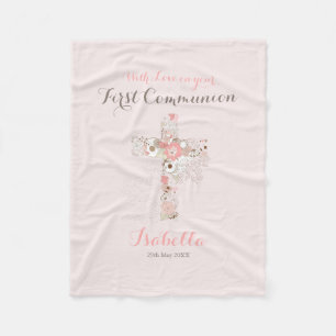 Couverture Polaire Première communion rose pâle nom croisé