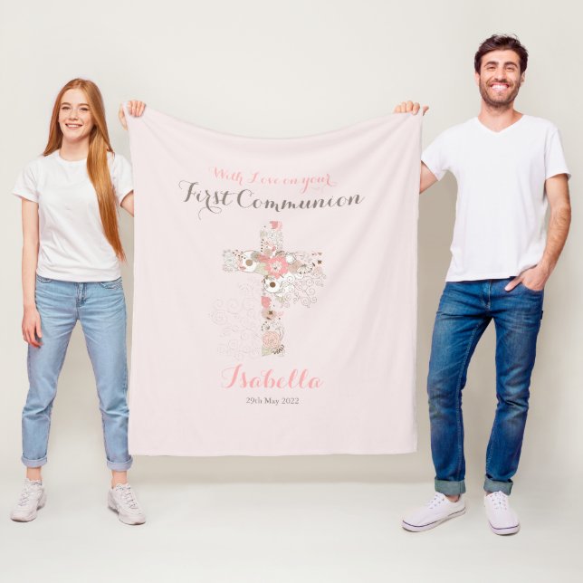 Couverture Polaire Première communion rouge rose floral nom de croix (En situation)