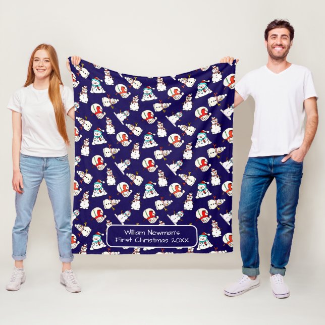 Couverture Polaire Prénom de Noël du mignon Snowman Bébé Marine Bleu (En situation)
