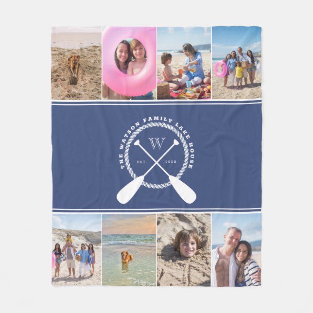 Couverture Polaire Preppy Blue Lake House Monogramme Photo Collage (Devant)