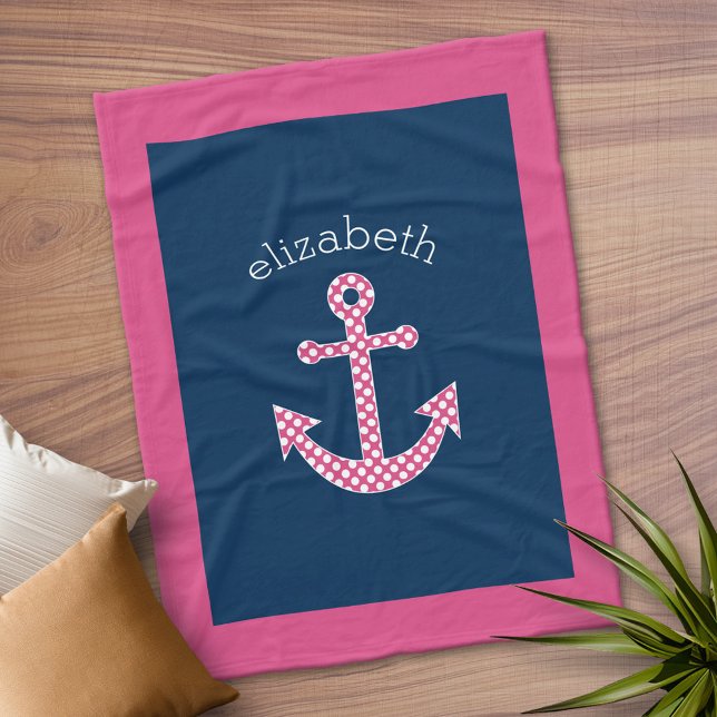 Couverture Polaire Preppy Pink Polka Dot Ancre avec nom personnalisé  (Personalized Fleece Blanket)
