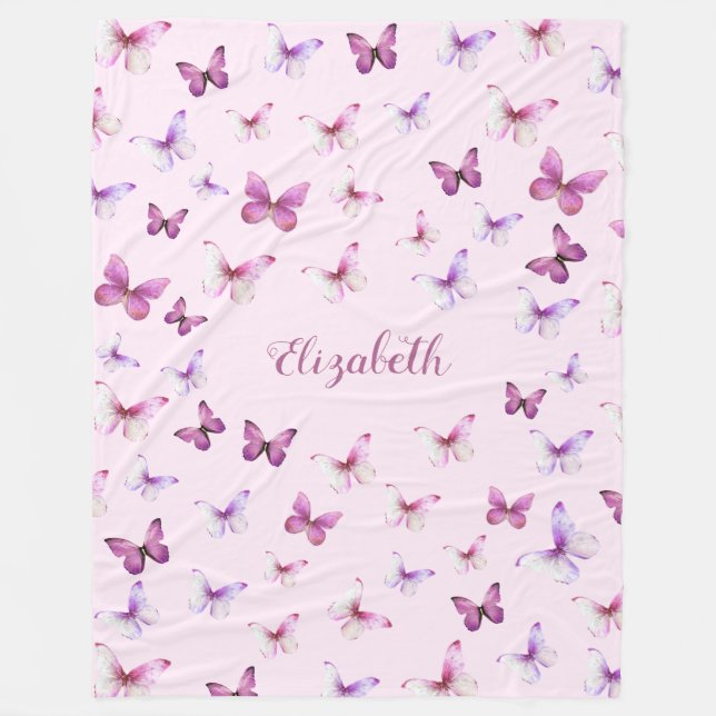 Couverture Polaire Pretty Pink Butterflies Custom Name Girl (Devant)