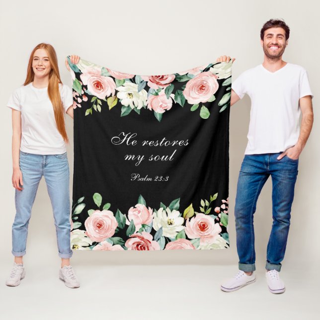 Couverture Polaire Psaume 23:3 Il rétablit mon âme Bible Verse & Rose (En situation)