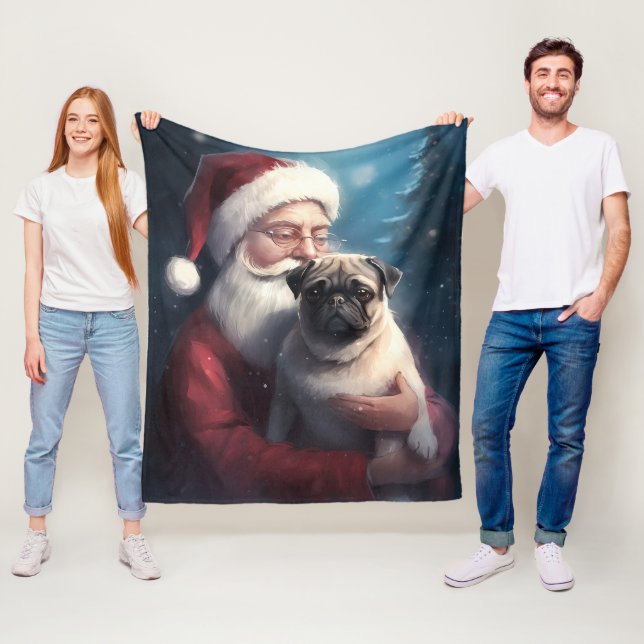 Couverture Polaire Pug avec le Père Noël Fête de Noël (En situation)