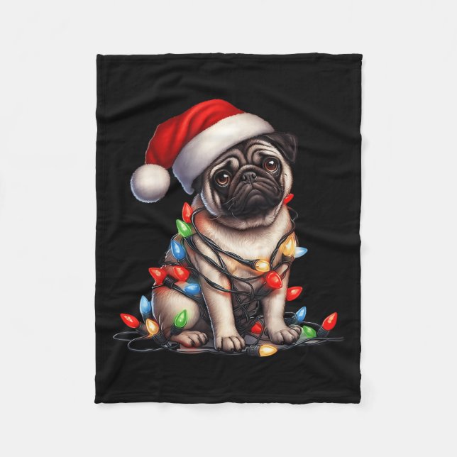 Couverture Polaire Pug Dog Christmas Lights Santa Hat Dog Lover  (Devant)