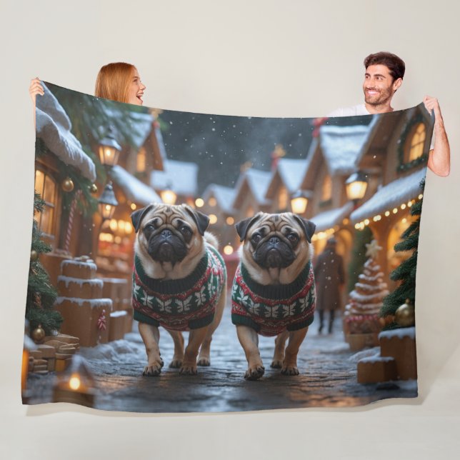 Couverture Polaire Pug Dogs Christmas Snow Holiday (En situation)