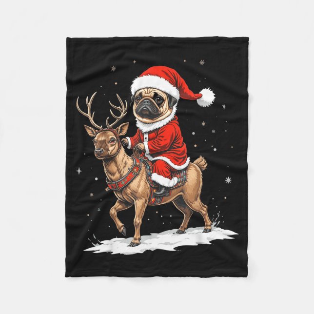 Couverture Polaire Pug Santa Riding Reindeer Christmas Holiday Puppy  (Devant)
