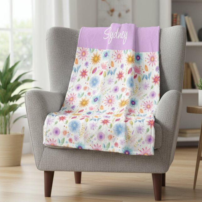 Couverture Polaire Purple Blue Pink Boho Wildflower Personalized  (Créateur téléchargé)