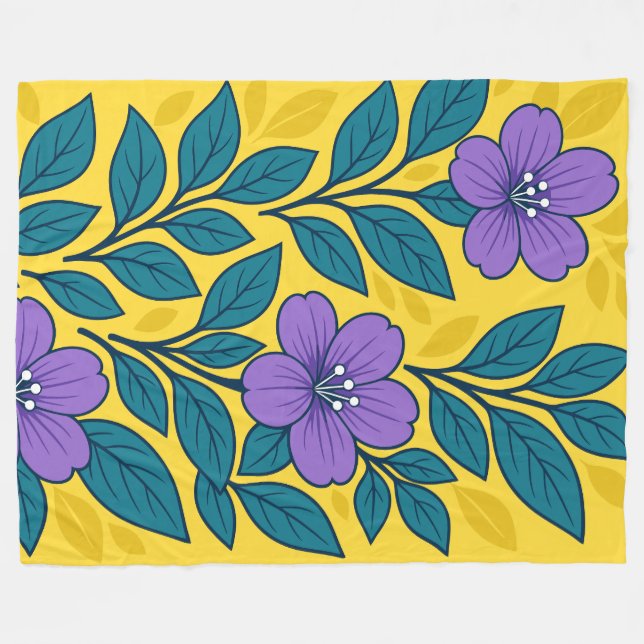 Couverture Polaire Purple Flowers & Teal Leaves on Yellow Background (Devant (Horizontal))