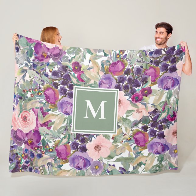 Couverture Polaire Purple Rose Sauge Vert Fleurs Boho Monogramme (En situation)