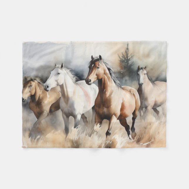 Couverture Polaire « Quatre mustangs sauvages » Aquarelle poussiéreus (Devant (Horizontal))