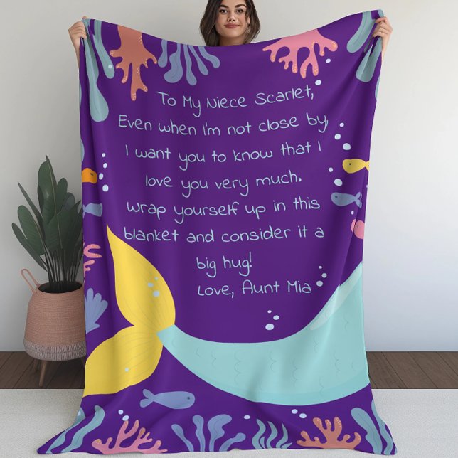 Couverture Polaire Queue de sirène sous-marine Scène récif et lettre  (Mermaid Tail Underwater Scene Reef and Fish Letter Fleece Blanket (L))