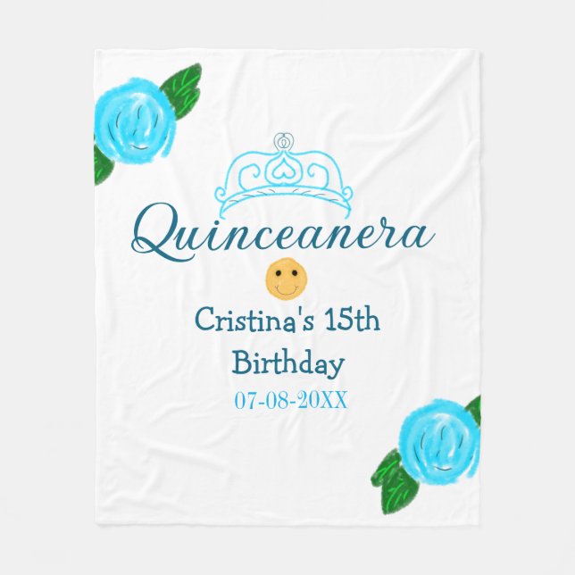 Couverture Polaire Quinceanera anos 15e anniversaire bleu rose couron (Devant)