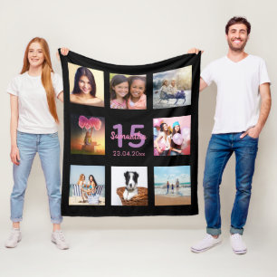 Couverture Polaire Quinceanera photo personnalisée collage nom noir