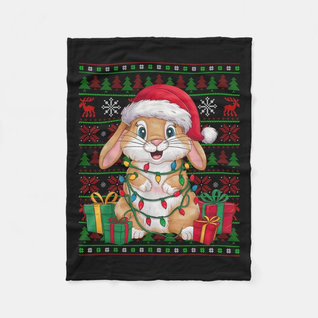 Couverture Polaire Rabbit Bunny Xmas Lights Ugly Santa Hat Bunny Chri (Devant)