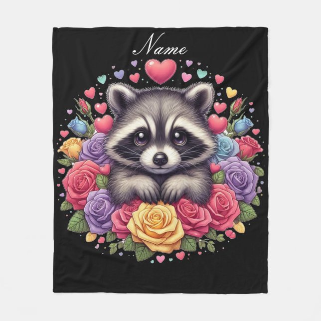 Couverture Polaire Raccoon personnalisé avec Fleurs et Coeurs (Devant)