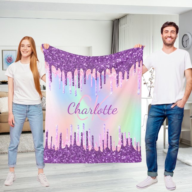Couverture Polaire Rainbow glitter drips purple pink monogram script (Créateur téléchargé)