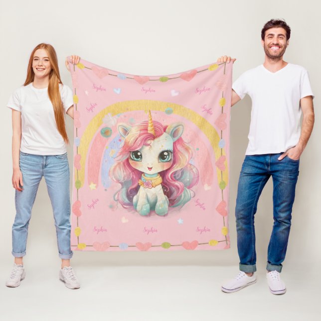 Couverture Polaire Rainbow Pastel Rose Kawaii Unicorn (En situation)