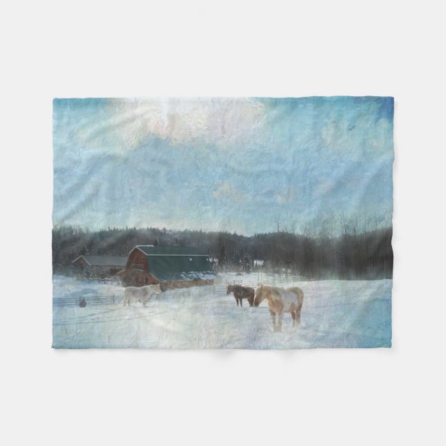 Couverture Polaire Ranch à cheval, granges et peinture à la neige (Devant (Horizontal))