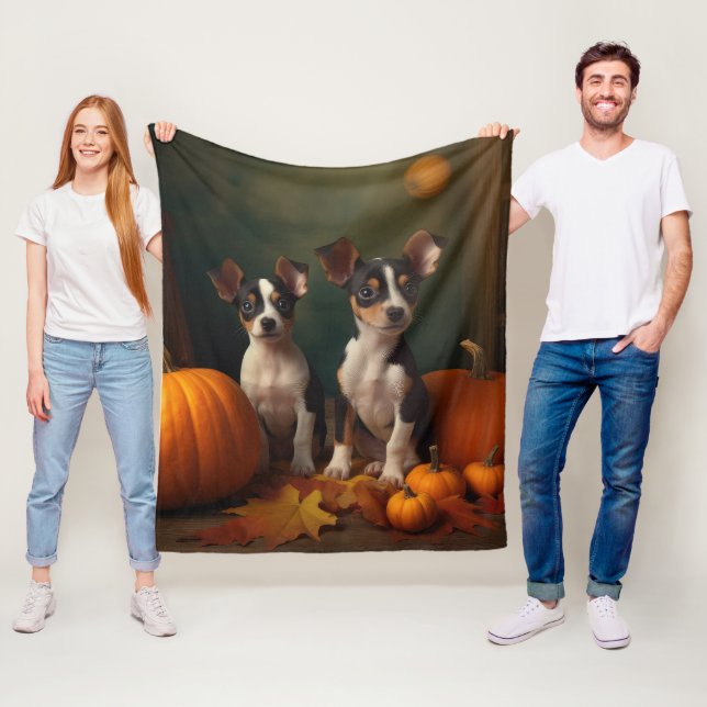 Couverture Polaire Rat Terrier Chiot Automne Citrouille délice (En situation)