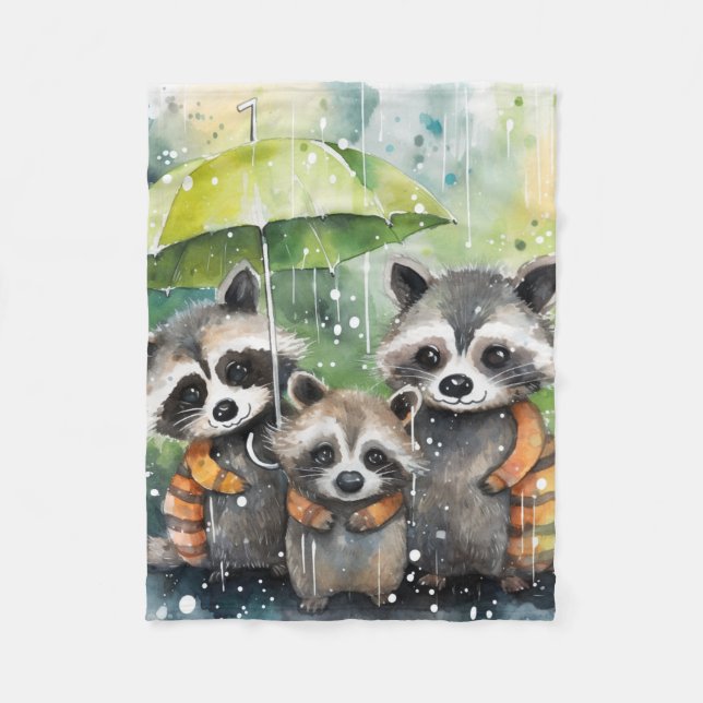 Couverture Polaire Raton laveurs mignons sous la pluie (Devant)