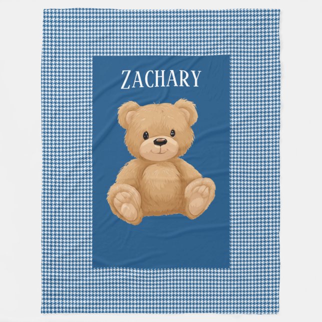 Couverture Polaire Rayé Houndstooth Bleu Classique, Ours en Peluche, (Devant)