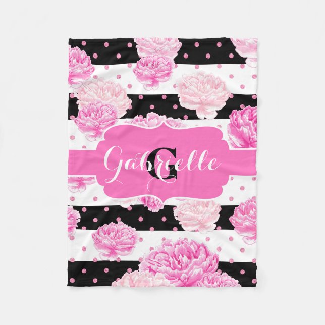 Couverture Polaire Rayures Aquarelle rose Floral Baby Girl Monogramme (Devant)