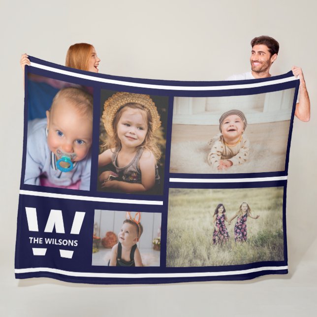 Couverture Polaire Rayures de la marine Photos multiples Monogramme p (En situation)