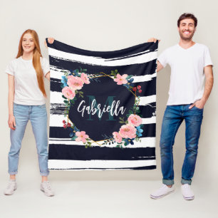 Couverture Polaire Rayures Et Monogramme De Cadre Floral