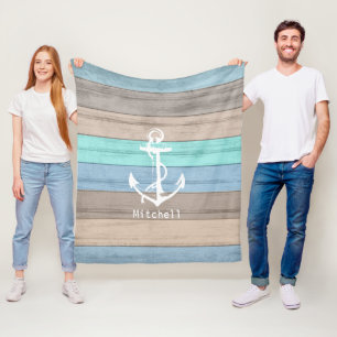 Couverture Polaire Rayures nautiques en bois et Ancre de plage