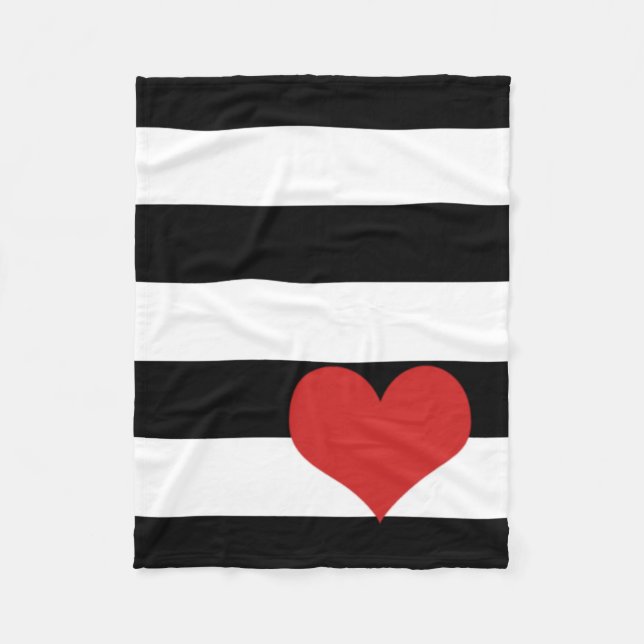 Couverture Polaire Rayures noires et blanches avec cœur rouge (Devant)