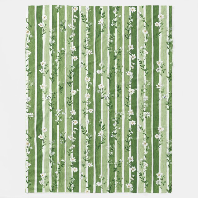 Couverture Polaire Rayures Vertes Fleurs Blanches (Devant)