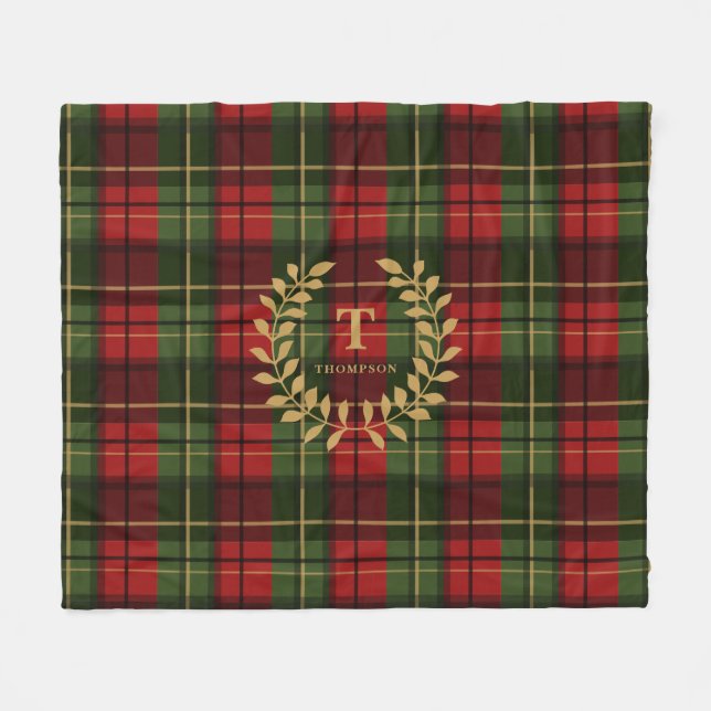 Couverture Polaire Red And Green Plaid With Custom Monogram Wreath (Devant (Horizontal))