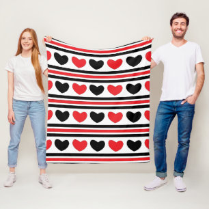 Couverture Polaire Red Black Valentines Day Hearts Stripes Motif
