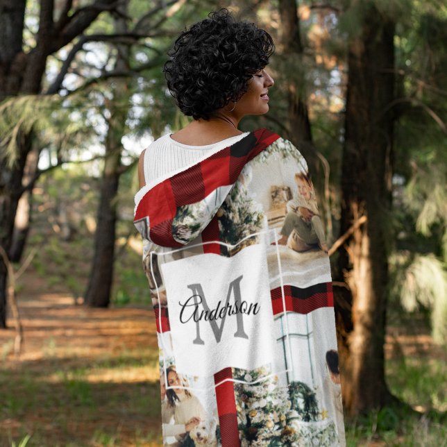 Couverture Polaire Red Buffalo Plaid & Collage Photo Avec Initiale (Créateur téléchargé)