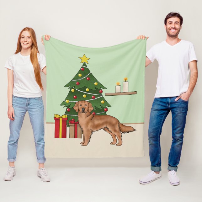 Couverture Polaire Red Golden Retriers with Green Christmas Tree (En situation)