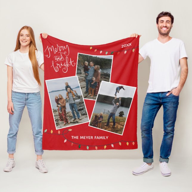 Couverture Polaire Red Merry et Bright Christmas Lights Photo de fami (En situation)