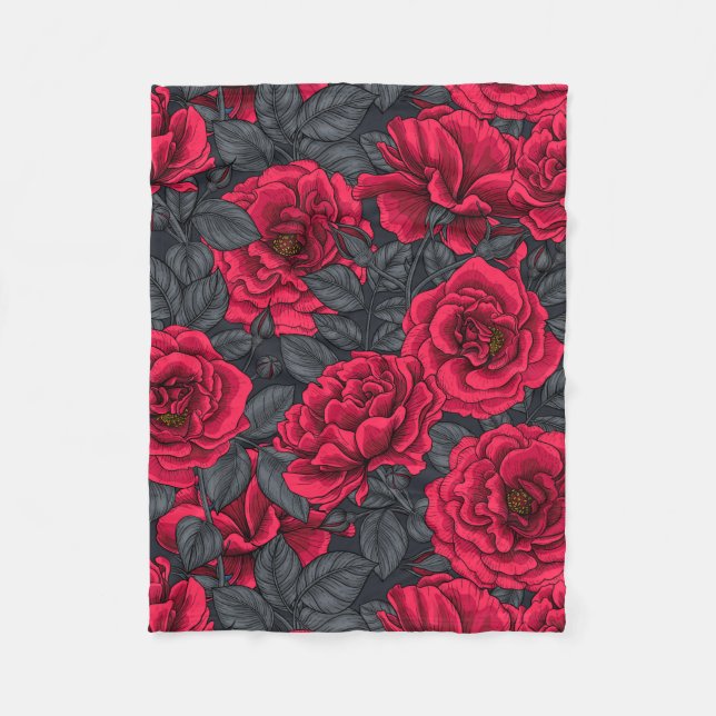 Couverture Polaire Red roses with gray leaves on black (Devant)